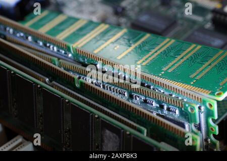 RAM modules, hard drives, expansion cards. Used consumer electronics components. Stock Photo