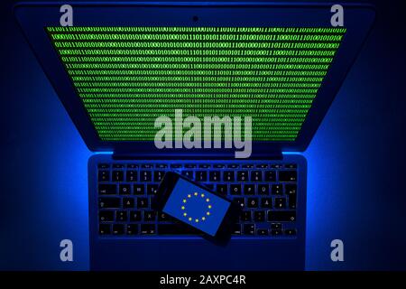 Smartphone with logo of the European flag on computer keyboard, symbol image, Cybercrime, hacker attack on Europe, Stock Photo