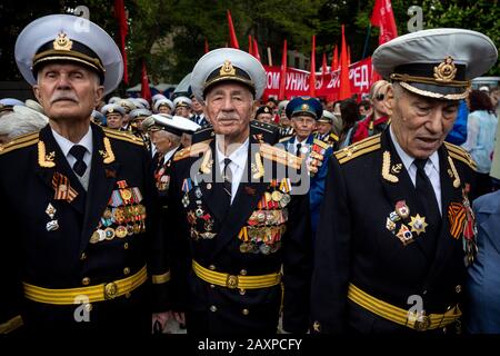 Sevastopol, Crimea, 9th of May, 2019 Russian soviet officers, veterans take part of a Victory Day military parade on Nakhimova Avenue marking the 74th anniversary of the victory over Nazi Germany in the 1941-1945 Great Patriotic War, the Eastern Front of World War II Stock Photo