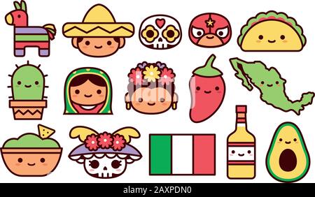 Vector Set Of Mexican Cartoon Icons Isolated Stock Vector