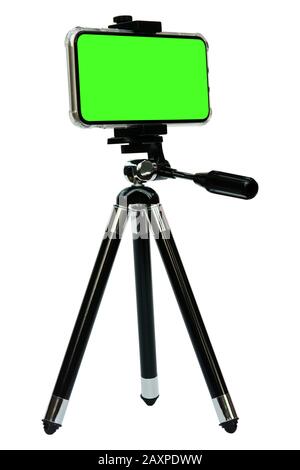 Smart phone of green screen on tripod isolated on white background with clipping path Stock Photo
