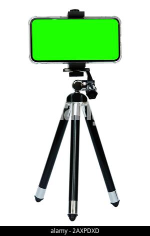 Smart phone of green screen on tripod isolated on white background with clipping path Stock Photo
