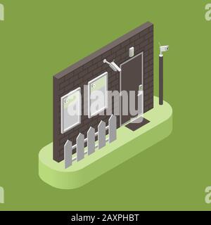 House security, access control and alarm system isometric vector illustration. Wall, door, windows with video surveillance cameras, alarm siren and signal system. Smart home concept. Stock Vector