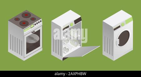 Washing machine, dishwasher machine, filled with clean plates and electric cooker vector illustration in isometric style. Kitchen equipment and household appliances isolated on green background. Stock Vector