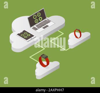 Cloud computing vector isometric illustration. Devices, Pc monitor, smart watch, fitness bracelet, tablet connected to the cloud. Internet security, information security, data protection concept. Stock Vector