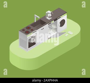 Kitchen equipment and household appliances vector isometric illustration. Washing machine, dishwasher machine, filled with clean plates, coffee machine and electric cooker concept. Stock Vector