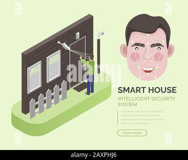 Smart house, intelligent security system landing page vector template. Video surveillance cameras, alarm siren, signal system and face recognition system in isometric style. Stock Vector