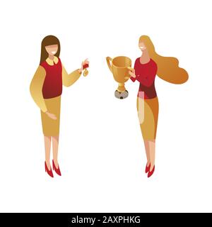 Two happy smiling girls holding up gold awards, medal and trophy cup. Successful women champions being awarded for a win, professional leadership and triumph vector isometric concept. Stock Vector