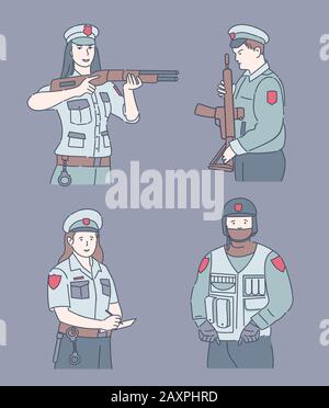 Police officers cartoon vector illustration. Policemen and policewomen characters in uniform isolated on blue background. Security guards holding weapons and issuing fines. Stock Vector