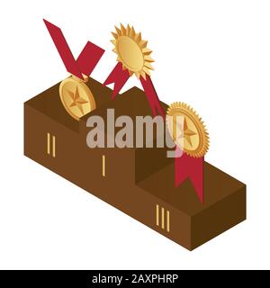 Golden medals on the podium, first, second and third place vector illustration. Prizes for the Champions, triumph isometric concept isolated on white background. Stock Vector