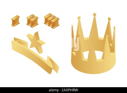 Golden trophy, crown, first, second and third place numbers, gold star and ribbon isometric vector illustration. Professional and sports achievements concept. Winner, leader, and triumph icons. Stock Vector