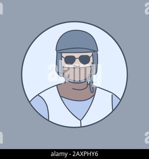 Policeman in a mask in round shaped frame cartoon illustration. Security guard, capture group member in uniform protects law and order outline character. Police officer vector concept. Stock Vector