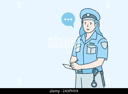 Policewoman issuing a fines cartoon vector illustration with speech bubble isolated on blue background. Security guard in uniform interviewing witnesses or issuing a parking ticket outline character. Stock Vector