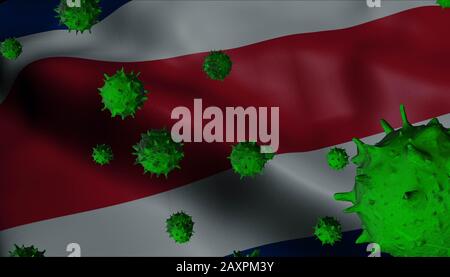 3D animation of Costa Rica waving flag with green viruses (Coronavirus Concept) Stock Photo