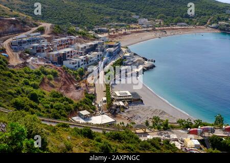 Hotel construction site on the beach of Jal, near Himara, Himarë, Albanian Riviera, Ionian Sea, Qark Vlora, Albania Stock Photo
