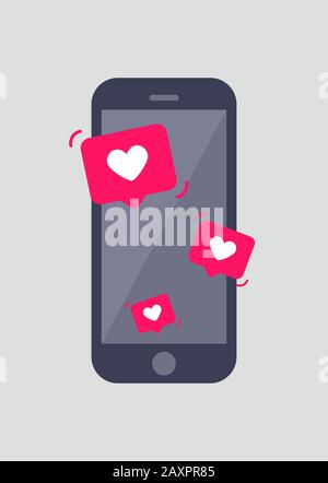 Smartphone with like notifications on the screen flat vector illustration. Stock Vector