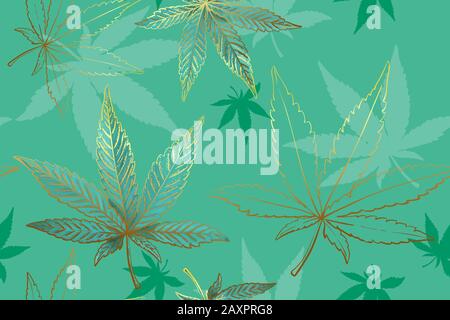 Seamless pattern of gold cannabis leaves. Pattern of green or turquoise marijuana leaf. Stock Vector