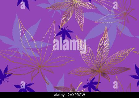 Seamless pattern of gold cannabis leaves. Pattern of pink or lilac marijuana leaf. Stock Vector