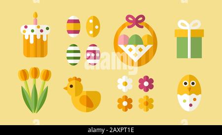 Easter objects and icons set in flat style. Stock Vector