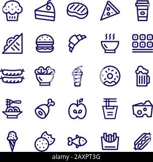 Food menu outline icon set. Fast food symbol collection. Stock Vector
