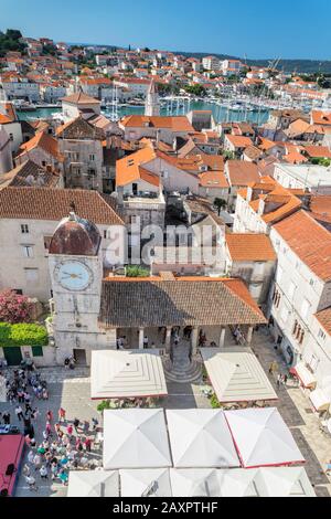 View from the St.Laurentius Cathedral over the main square to the clock tower and city loggia, Trogir, UNESCO World Heritage Site, Dalmatia, Croatia Stock Photo
