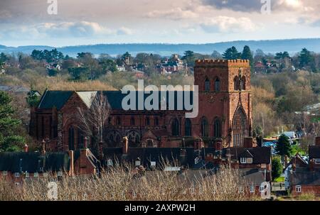 Shrewsbury Abbey in springtime, in the medieval market town of historic Shrewsbury, in Shropshire, West Midlands Stock Photo