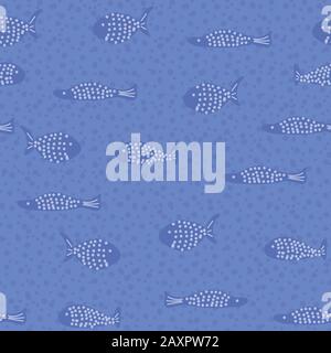 Dotted violet blue fish swimming in textured water. Marine seamless vector pattern. Stock Vector