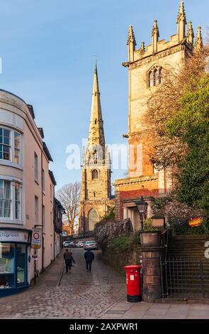 Shrewsbury Abbey in springtime, in the medieval market town of historic Shrewsbury, in Shropshire, West Midlands Stock Photo