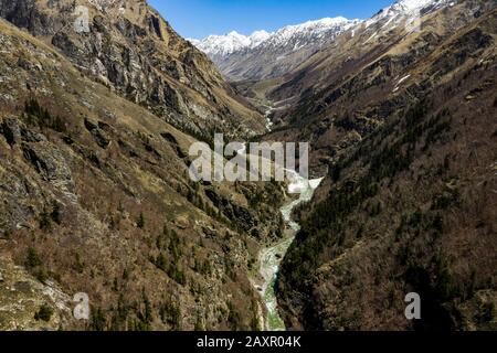 steep rugged river valley landscape  in the mountains, Himalaya Nepal Stock Photo