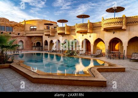 Hassilabied, Morocco - Outdoor pool area in a Moroccan hotel Stock Photo