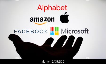 Big Tech company logos: Alphabet, Amazon, Apple, Facebook and Microsoft on a blurred screen and a silhouette of the hand. Not a montage Stock Photo