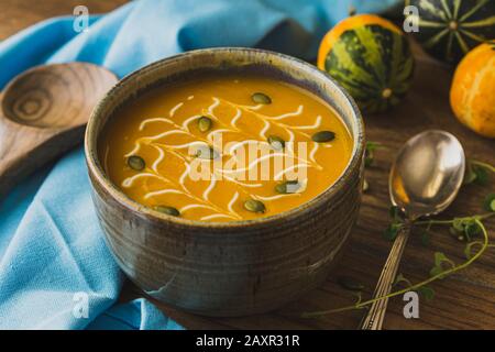 Bowl of winter squash soup. Stock Photo