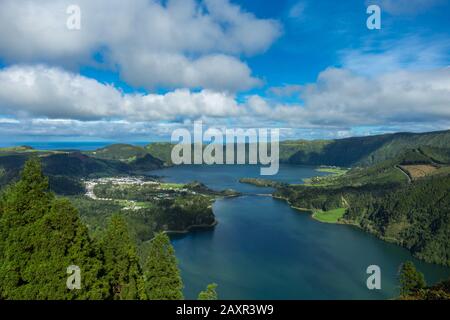 Lake called 'Lagoa das 7 cidades' in portuguese, viewed from 'Vista do Rei' viewpoint in Sao Miguel, Azores, Portugal. Stock Photo