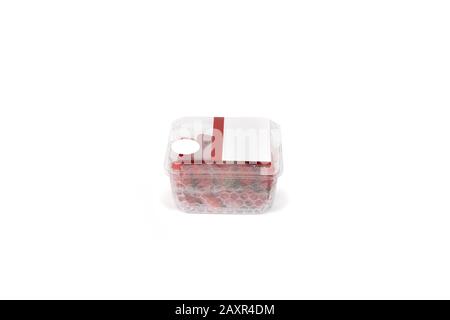 Fresh Asia Strawberry are arranged in premium packaging plastic box with bubble wrap inside on the white background. Clipping path. Stock Photo