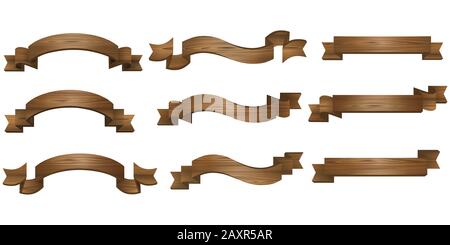 set wooden ribbon banners on white background Stock Photo