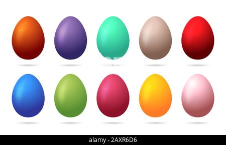Set of 10 color Easter Eggs. Design elements for holiday cards. Easter collection. Colorful, glossy and isolated with realistic light and shadow on th Stock Vector