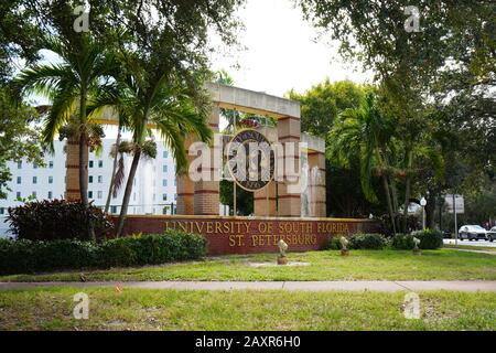 ST PETERSBURG, FL -24 JAN 2020- View of a sign at the entrance of the campus of the University of South Florida in St. Pete, Florida, United States. Stock Photo