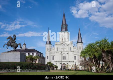 Jackson Square, statue of Andrew Jackson and St Louis Cathedral in New Orleans. Stock Photo