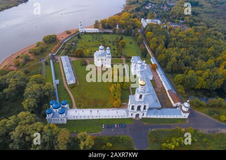 Above the ancient St. George Monastery on a September day (aerial photography). Veliky Novgorod, Russia Stock Photo