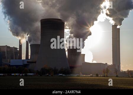 RWE Power AG, Niederaussem power plant, lignite-fired power plant, steaming chimneys, coal exit, Bergheim, Rhenish lignite mining area, North Stock Photo