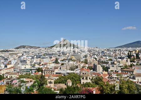 Athens: panoramic view from the Acropolis, with Lycabettus Hill. Greece Stock Photo