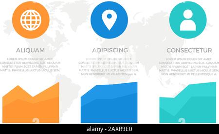 Set of orange, blue and turquoise elements for infographic with world map presentation slides. Stock Vector