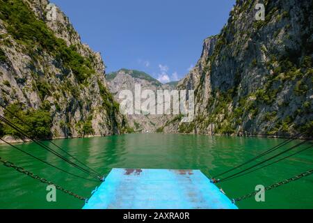 Ferry on Koman Reservoir, Liqeni i Komanit, River Drin, Qark Shkodra, Albania Stock Photo