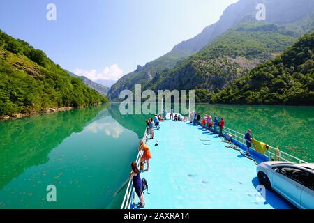 Ferry on Koman Reservoir, Liqeni i Komanit, River Drin, Qark Shkodra, Albania Stock Photo