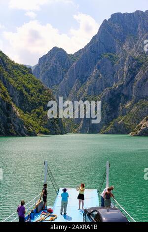 Ferry on Koman Reservoir, Liqeni i Komanit, River Drin, Qark Shkodra, Albania Stock Photo