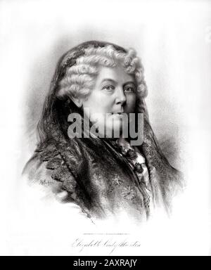 1895 ca , USA :The social activist abolitionist, and leading figure of the early woman's movement ELIZABETH CADY STANTON ( 1815 - 1902 ) . Engraved portrait by artist J. E. Baker, pubblished in Boston by Armstrong & Co . - SUFFRAGETTA - SUFFRAGISMO -  sufraggetta - Sufragist - POLITICO - POLITICIAN - POLITICA - POLITIC - FEMMINISMO - FEMMINISTA - FEMMINISTE - SUFFRAGETTE - USA - ritratto - portrait - FEMMINISM - FEMMINIST - SUFFRAGIO UNIVERSALE - VOTO POLITICO ALLE DONNE - FASHION - MODA - OTTOCENTO - 800's - '800 - donna anziana vecchia - ancient old woman - lace - pizzo - veil - velo - white Stock Photo