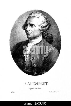 1760 ca , FRANCE : The celebrated French mathematician , mechanician , physicist , philosopher  and music theorist  JEAN LE ROND D'ALEMBERT ( 1717 – 1783 ) . XIX century portrait by lithographer Hesse after Jallain . Until 1759 he was also co-editor with Denis Diderot of the ' Encyclopédie '.  - ALEMBERT  - ILLUMINISTA - ENCICLOPEDIA - ENCICLOPEDISTA - ILLUMNINISMO - ILLUMINISM - FILOSOFO - FILOSOFIA - PHILOSOPHY - wig - parrucca - collar - colletto - incisione - engraving - portrait - ritratto  --- Archivio GBB Stock Photo