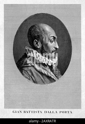1600 ca , ITALY : The celebrated italian philosopher , polymath , occultist , dramatist and alchemist GIOVANNI BATTISTA DELLA PORTA ( Vico Equense , 1535 ca - Napoli,  1615 ). Engraved portrait by Pietro Becceni ( 1755 - 1829 ) after G. Bossi after Belloni , XIX century . - FILOSOFO - FILOSOFIA - ALCHEMY - ALCHIMIA - ALCHIMISTA - PHILOSOPHY - TEATRO - THEATRE - commediografo - drammaturgo - playwrighter - Giambattista - Giovambattista - MATEMATICO - MATEMATICA - METEOROLOGIA - METEOROLOGO - METEOROLOGY - ASTROLOGO - ASTROLOGIA - ASTROLOGIST - ASTROLOGY - OCCULTO - OCCULTISTA - OCCULT - gorgier Stock Photo