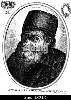 1400 ca, PARIS , FRANCE : The mysterious NICOLAS FLAMEL ( 1330 - 1418 ), french writer and librarian with an interest in Alchemy . Engraved XVII century portrait by  Balthasar Moncornet ( 1600 - 1670 ), from  undentified original engraving credited by Rembrant . - ALCHIMISTA - ALCHIMIA - ALCHIMISMO - OCCULTO - OCCULTISTA - OCCULTISMO - OCCULT - OCCULTISM - MISTERO - MYSTERY - HISTORY - FOTO STORICHE - SCRITTORE - LETTERATURA - LITERATURE - LIBRAIO - LIBRERIA - EDITORE - PUBBLISHER - Magia - Magic - portait - ritratto - engraving - incisione - FILOSOFO - FILOSOFIA - PHILOSOPHY - PHILOSOPHER - M Stock Photo