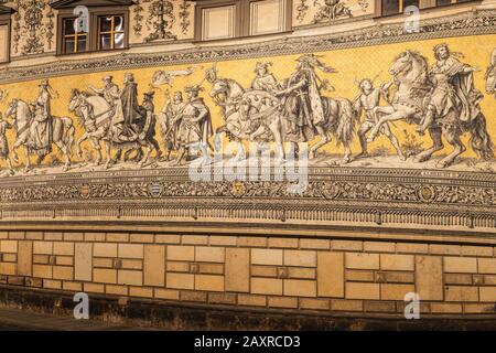 Fürstenzug, wall frieze from Meissen porcelain, Schlossstraße, Dresden, Saxony, Germany Stock Photo